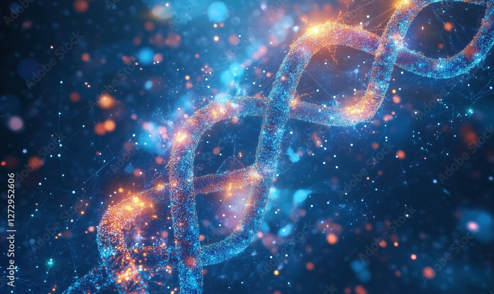 Aufkleber digital representation of dna helix with glowing particles and cosmic background