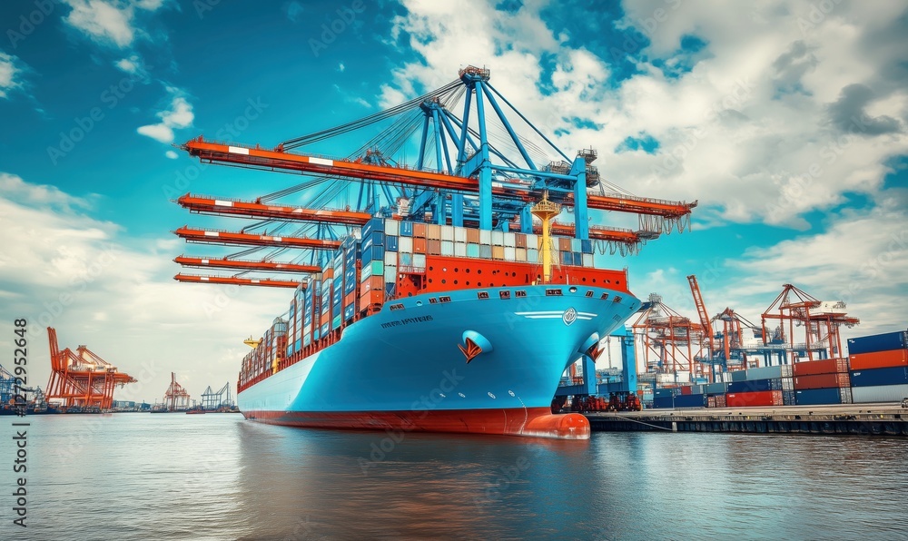 Poster large container ship docked at busy port with cranes and shipping containers