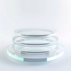 Obraz premium Clear Glass Tiered Display: A 3D Rendered Image of a Three-Tiered Display Platform Constructed from Clear Glass, Featuring Three Round Platforms Stacked Vertically, Isolated on a White Background, Emp