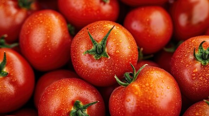 Fresh, ripe tomatoes glisten with moisture, showcasing their vibrant red color and leafy green stems, ideal for cooking or salads.