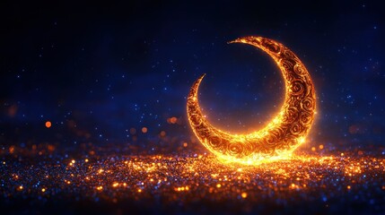 Illuminated crescent moon, Ramadan, night sky, glitter background, religious imagery