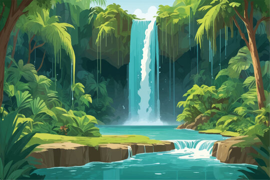 resplendent allure of a cascading waterfall in a verdant oasis, epitomizing