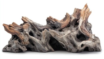 Ornate driftwood sculpture, isolated, studio shot, background is white