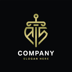 AS Logo monogram with sword and shield combination isolated with gold colors