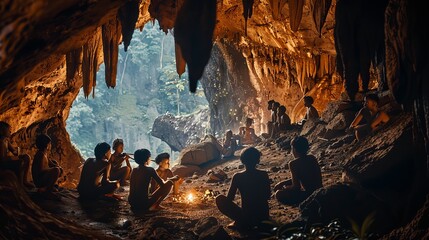 Ancient Homo Floresiensis Family Sharing Moments in Dimly Lit Cave on Island with Stalagmites and Soft Torchlight