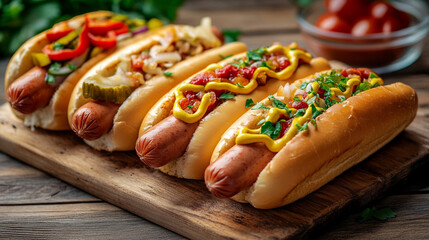 Delicious gourmet hot dogs arranged on a wooden board with vibrant toppings ready for a summer picnic feast