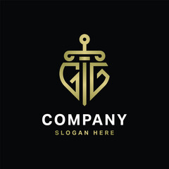 GG Logo monogram with sword and shield combination isolated with gold colors