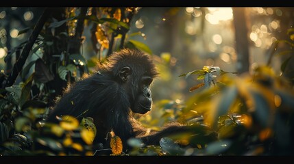 Prehistoric Homo Floresiensis Exploring Thick Jungle in Flores, Under Dawn Light, Depicting Primitive Survival Instincts