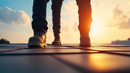 Person Standing on Rooftop at Sunset, Wearing Work Boots, with Orange and Yellow Sunlight Illuminating the Scene Against a Cloudy Sky