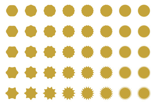 Circle frames with wavy edge. Vector illustration set in golden color isolated on  transparent background. Wiggly silhouette stickers for promotion, emphasizing, special offer, sales, discount, tag.