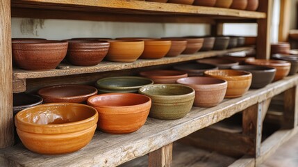 Wooden shelves displaying handcrafted pottery bowls in a rustic workshop