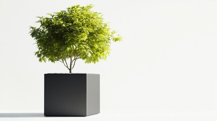 Minimalist black square metal planter with Acer palmatum tree in it, on a white background,