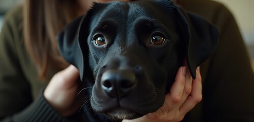 A close-up of a loving black labrador being held by a person, radiating warmth and affection, perfect for pet adoption campaigns or animal care promotions.