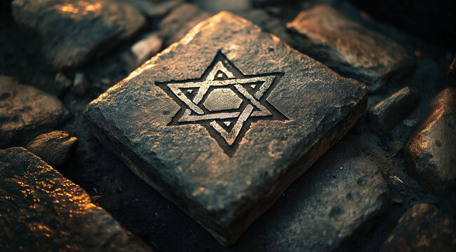 A stone with the Star of David engraved on it, set in an ancient Jewish temple, representing its significance as both a symbol and a religious structure. 