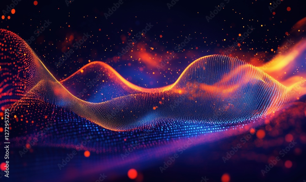 Poster abstract digital wave patterns with glowing particles in vibrant colors