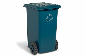 Blue recycling bin on wheels, studio shot, white background, waste disposal