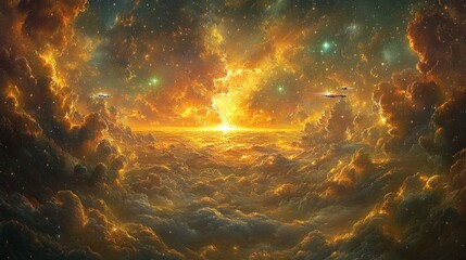 Fototapeta premium Cosmic Sunrise Through Nebula Clouds; Spacecraft; Artistic; Stock Photo