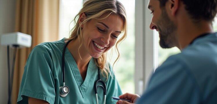 A joyful healthcare team collaborates in a bright setting, showcasing the importance of teamwork and compassion in patient care.