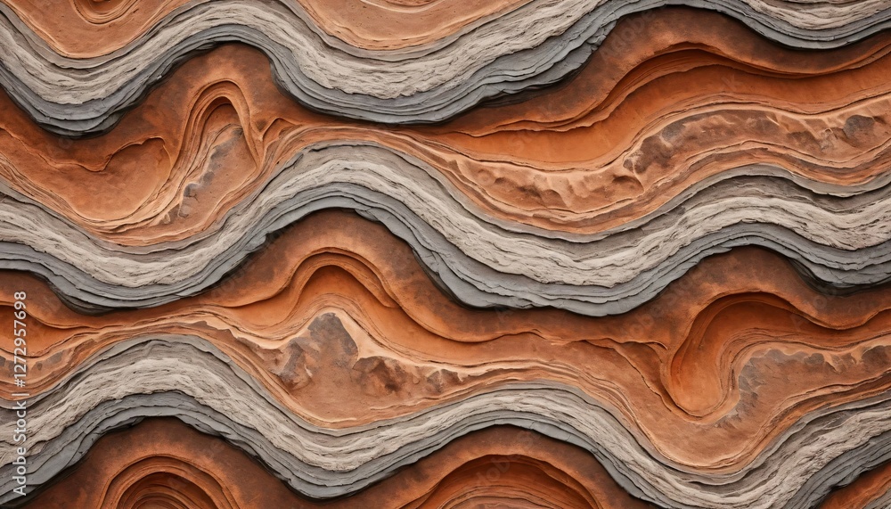 Poster wavy sedimentary rock formation. earth tones create striking contrast. geological processes form int