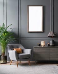 Grey relaxing room interior armchairs and drawer with decor, mockup frame