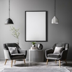 Grey relaxing room interior armchairs and drawer with decor, mockup frame