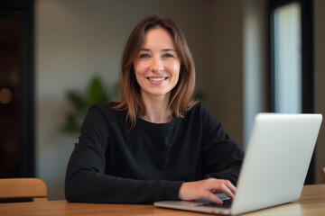 Middle aged woman with laptop at wooden table smiles camera