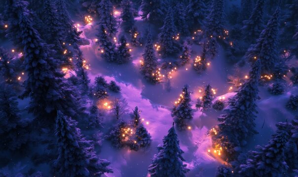 Enchanting winter forest illuminated by glowing lights in a snowy landscape