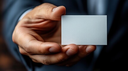 Obraz premium high resolution close up of a professional businessmanrs hand presenting a blank white business card for networking and corporate meetings