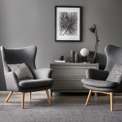 Grey relaxing room interior armchairs and drawer with decor, mockup frame