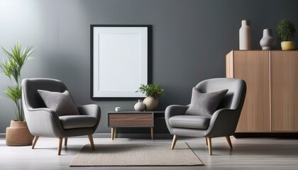 Grey relaxing room interior armchairs and drawer with decor, mockup frame