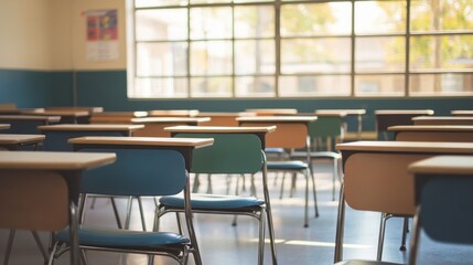 Bright and Empty Classroom with Desks and Chairs in Soft Light