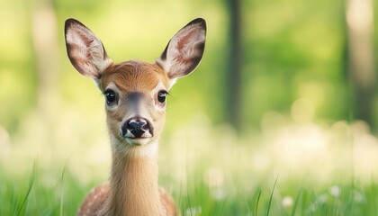 Fototapeta premium A young deer with large ears gazes curiously at the camera, surrounded by lush green grass and a soft-focus background of trees.