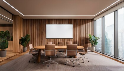 Wooden conference room interior with furniture and window. Mockup poster