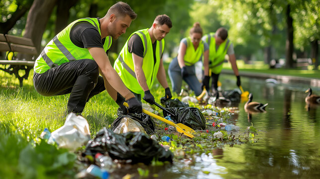  A group of volunteers, equipped with bright yellow vests and long-handled trash grabbers, work diligently to collect scattered garbage in a sprawling urban park. The park is lu
