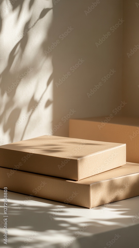 Poster Mock-up of Two Cardboard Packaging Boxes on a Light Background With Soft Shadows. Generative AI