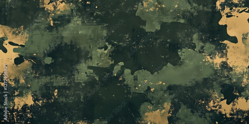 Poster abstract camouflage texture with dark green and gold splashes for design projects