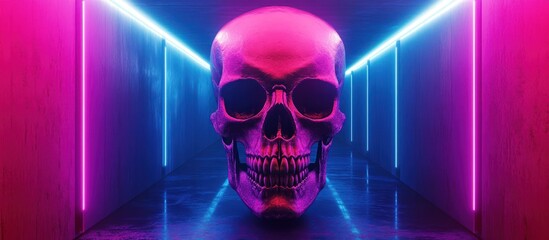 Pink skull in neon-lit corridor.
