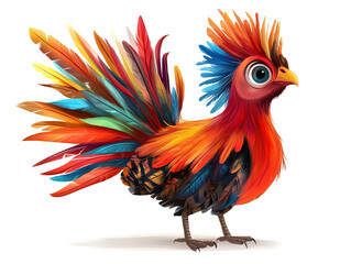 Fototapeta premium Playful cartoon turkey showcasing vivid, multi-hued feathers, isolated on a pristine white background.