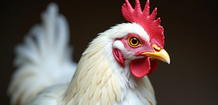 A close-up portrait of a white chicken showcasing its vibrant features, perfect for agriculture, culinary, and farm-related projects.