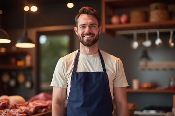 smiling butcher in shop with apron and meat products