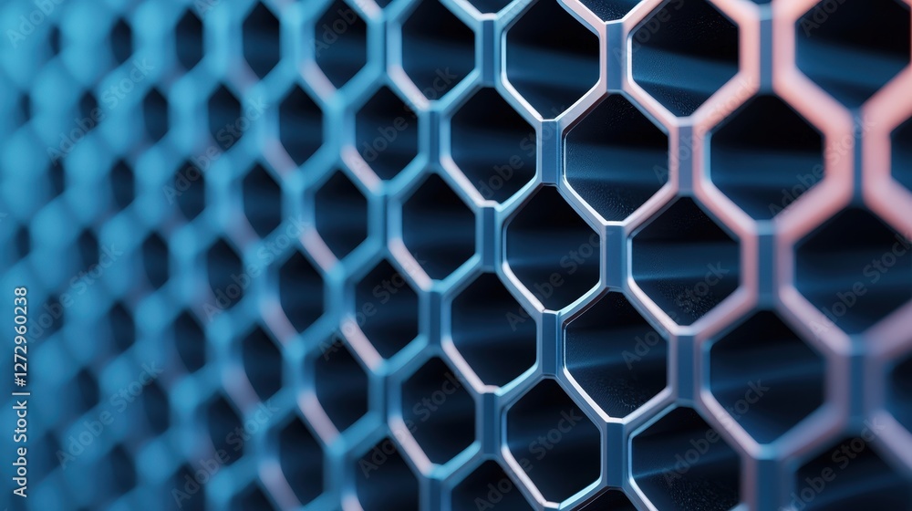Poster a close-up of a hexagonal mesh pattern with a gradient of blue and pink hues, showcasing a modern de