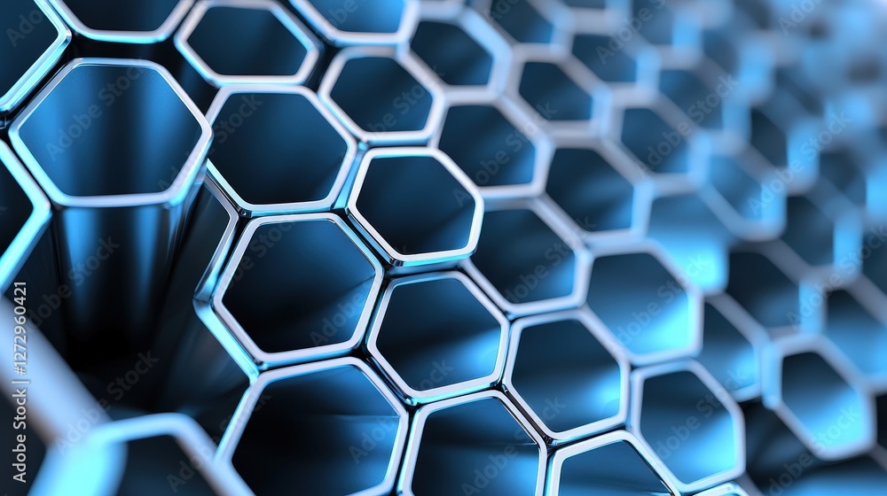 Poster a close-up view of a blue hexagonal pattern, showcasing the intricate design of interconnected shape