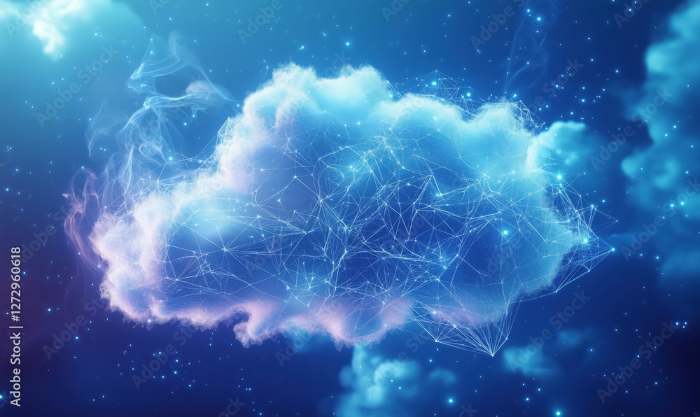 Poster digital cloud with glowing connections in cosmic background representing technology and data