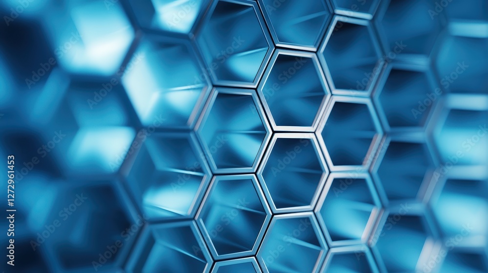 Poster a close-up view of a blue hexagonal pattern, resembling a honeycomb structure, showcasing intricate 