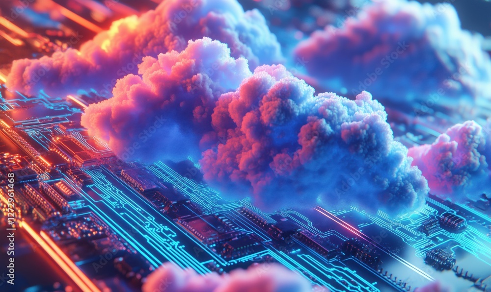 Aufkleber futuristic cloud computing concept with vibrant clouds over circuit board