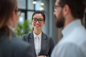 three individuals in professional event gray suit conversation