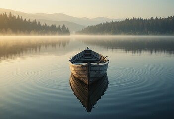 Fototapeta premium A Serene Lake at Dawn, Wooden Boat Resting on Calm Water Reflecting Forest