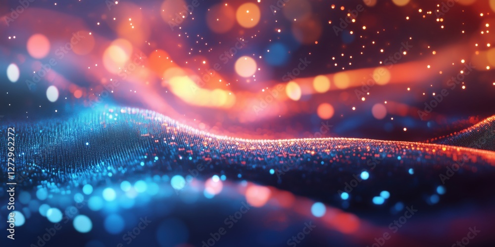 Poster abstract colorful waves with glowing particles and bokeh effects in vibrant hues