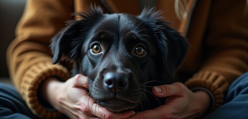 Obraz premium A close-up of a worried black dog being held gently by a person, showcasing a moment of connection and empathy. Perfect for pet care, adoption, or emotional support themes.