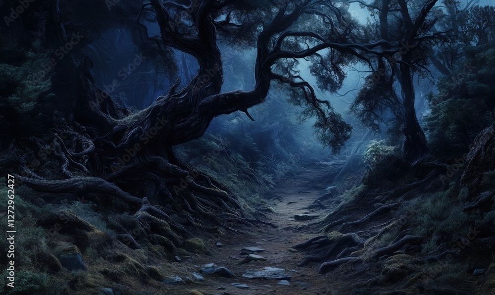 Poster mysterious forest path with ancient twisted trees and ethereal fog